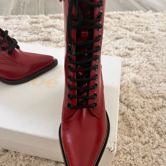 CHLOE Rylee Red Patent Leather Pointed Cuban Heel Lace Up Ankle Boots 37 - Picture 6 of 7